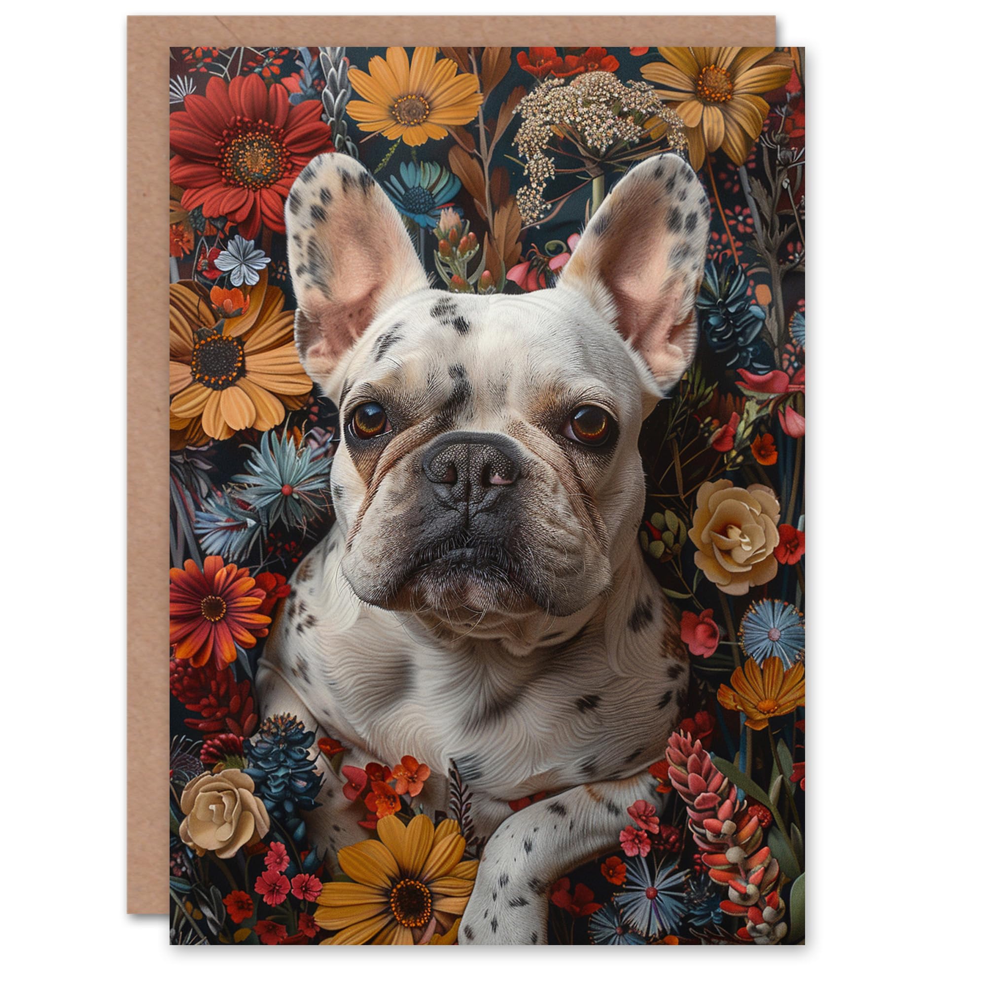 Artery8 Birthday Card Spotted French Bulldog in Autumn Wildflowers Animal Dog Lover For Him Her Man Woman Girl Boy Wife Husband Greeting Card
