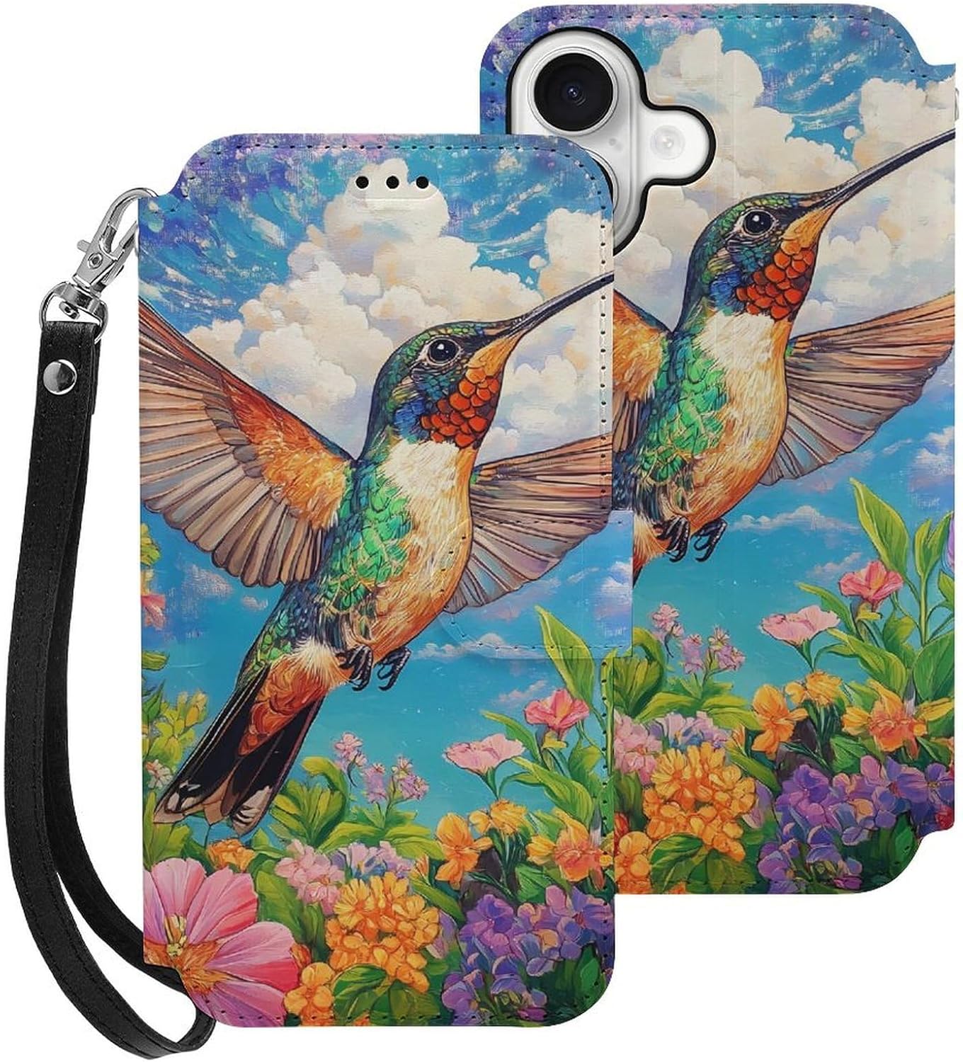 Hummingbirds and Flowers in Spring Compatible with iPhone 16/16 Plus/16 Pro/16 Pro Max/16 E Case Phone Wallet Card Holder Flip Cover with Wrist Strap