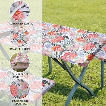 SUQ I OME Picnic Table Cover with Bench Covers Camping Essentials Waterproof Windproof Elastic Fitted Tablecloth with Handbag, Fitted Rectangle Tables and Seats,72X30 inch (White Pink)