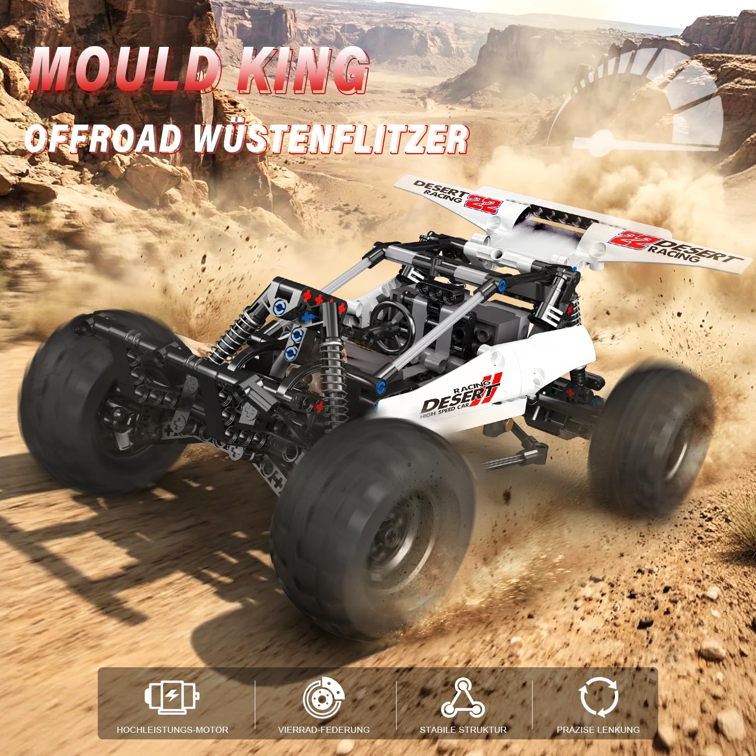 Mould King 18001 Buggy RC Technique en Briques – Véhicule de Course Tout-Terrain motorisé avec télécommande et contrôle Via Application, modèle Buggy du désert, pour Adultes et Adolescents (8+)