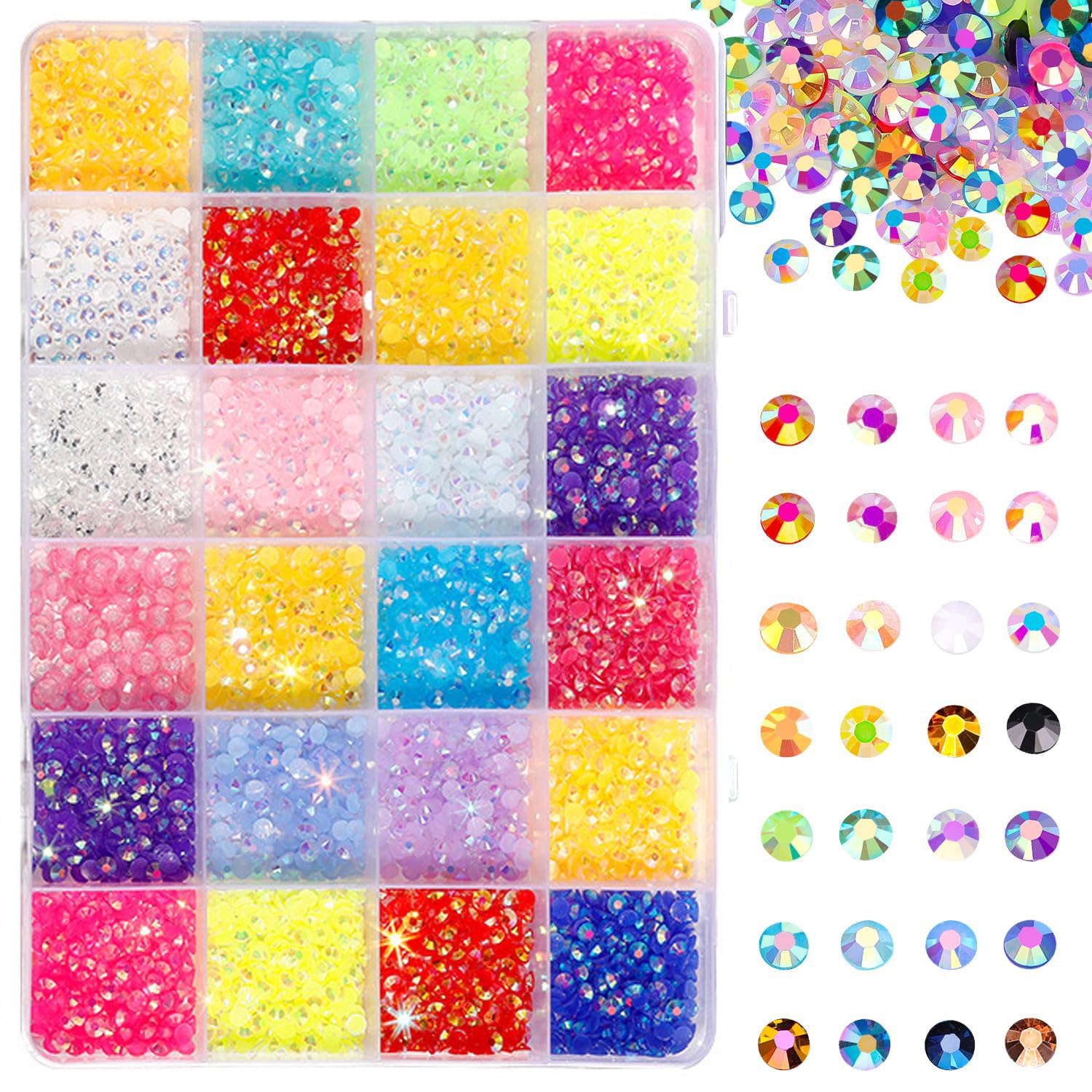 DXITEJOTC Amzboen 24 Colors Nail Art Rhinestones,3mm Round Nail Flatback Rainbow Gems Set,Round Gemstone Glitter Crystal Nail Flat Jelly Rhinestones for Crafts Decoration and Jewelry Making