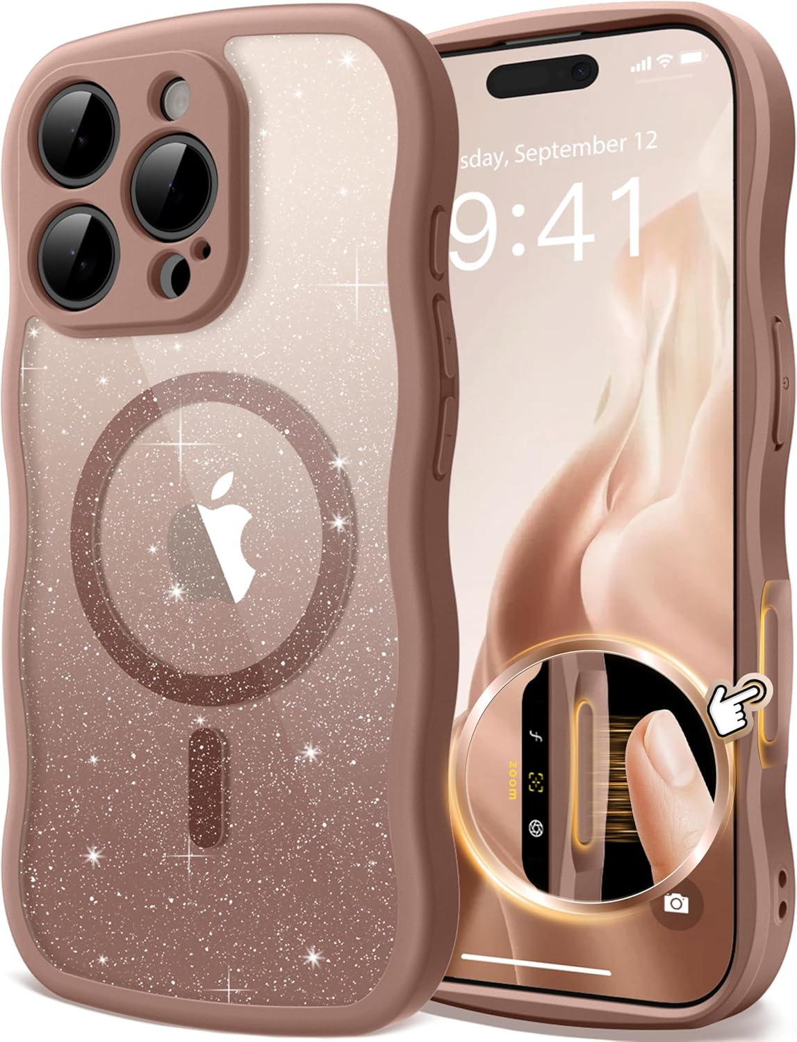 GVIEWIN for iPhone 16 Pro Case Compatible with Magsafe, [Full Camera Protection] [Not Yellowing] Wavy Frame Shockproof Gradient Glitter Slim Women Phone Cover with Camera Control, Brown