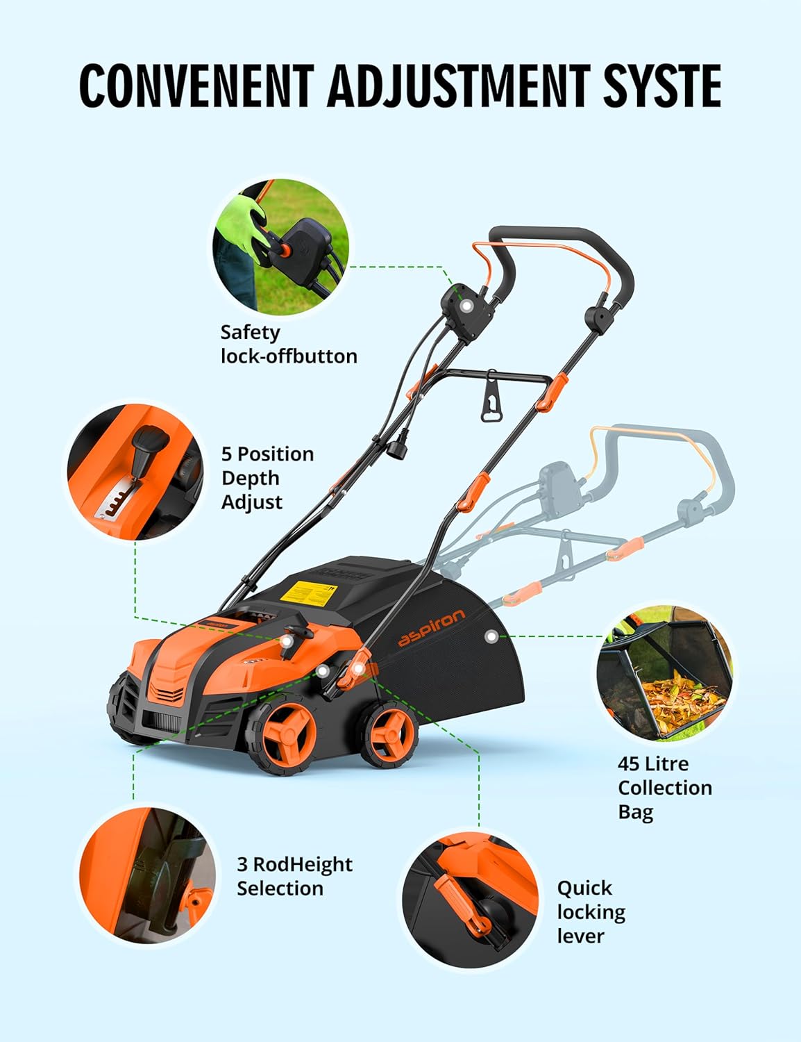 Diagram showing the convenient adjustment system of the Aspiron Artificial Turf Vacuum, including safety lock-off button, 5-position depth adjust, 45-liter collection bag, 3-rod height selection, and quick locking lever.