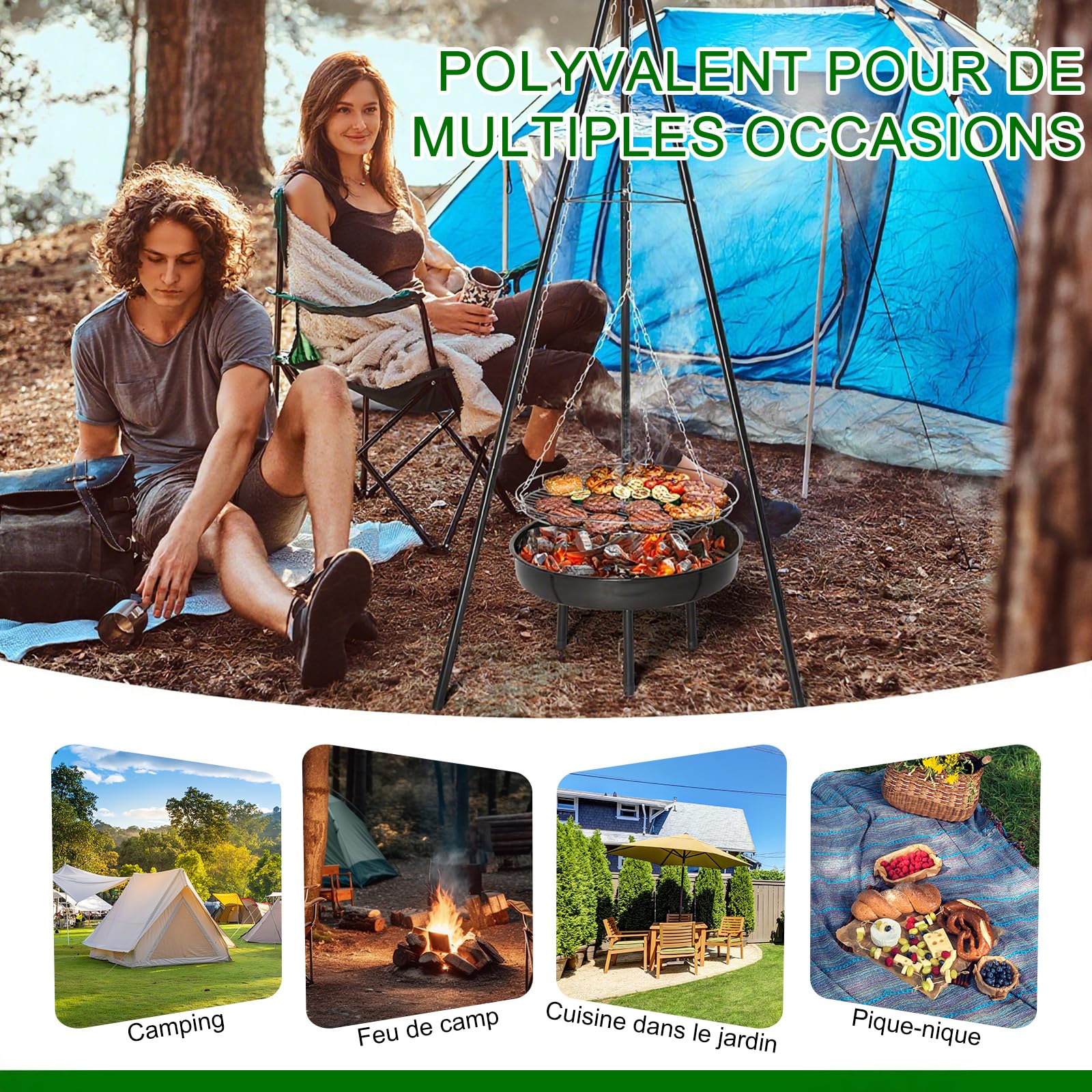 Barbecue Suspendu - Barbecue pivotant avec foyer(Diamètre 50cm) - Structure de type trépied(robuste et stable) - Réglable en hauteur - Noir