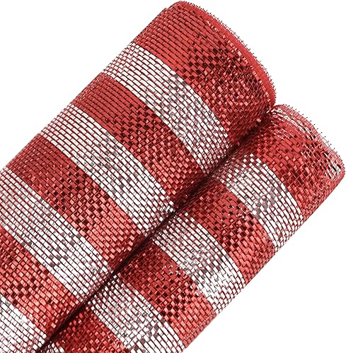 Miniatura 3 de HUIHUANG Cinta de malla decorativa roja plateada de 10 pulgadas de ancho con rayas rojas metálicas y plateadas para árbol, suministros de