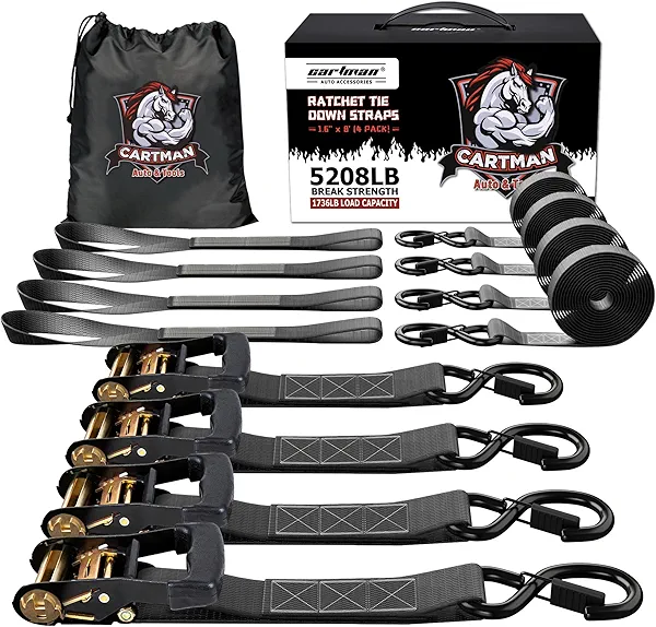 CARTMAN Ratchet Tie Down Straps, 5208lbs Break Strength, Includes 4PK Heavy Duty Ratchet Tie Downs, 4PK Soft Loop Tie-Downs, Use for Car, Truck, UTV