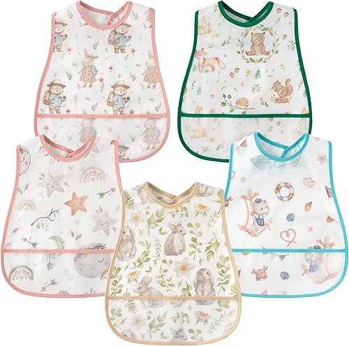 Vista 11 de R HORSE Juego de 5 baberos para bebés con bolsillo para atrapar migas y botón a presión, baberos impermeables para bebés de 6 a 24 meses Fruta