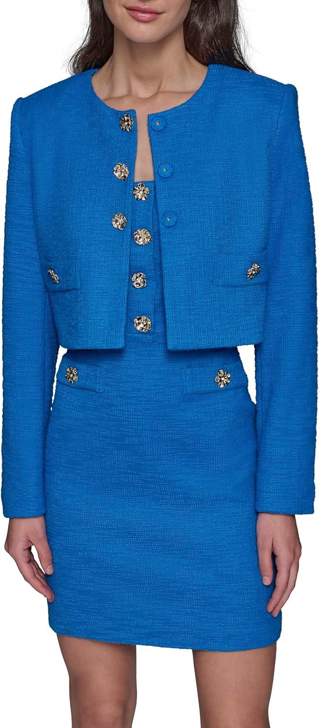 Karl Lagerfeld Womens Tweed Solid Scoop Neck Cropped Knit Blazer