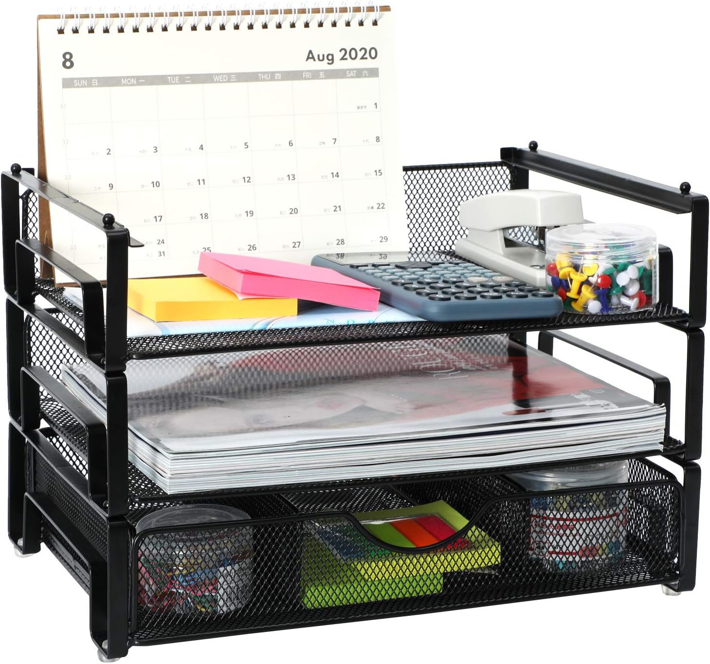 Samstar Stackable Letter Tray, 3 Tier Desk File Organizer Paper Sorter with 1 Extra Drawer Mesh Made,Black : Office Products