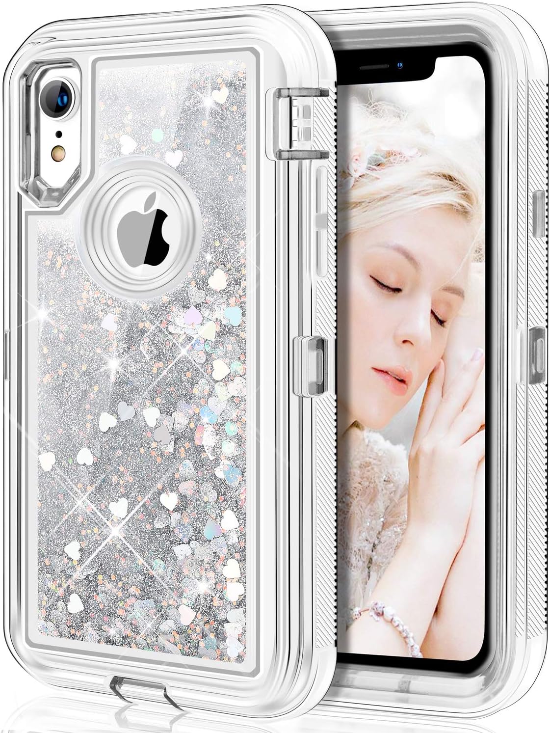 Caka iPhone XR Case, iPhone XR Glitter Case Protective Series Girly Fashion Luxury Bling Flowing Liquid Floating Sparkle Glitter Cute Full Body Rugged Hybrid Bumper Case for iPhone XR (Silver)