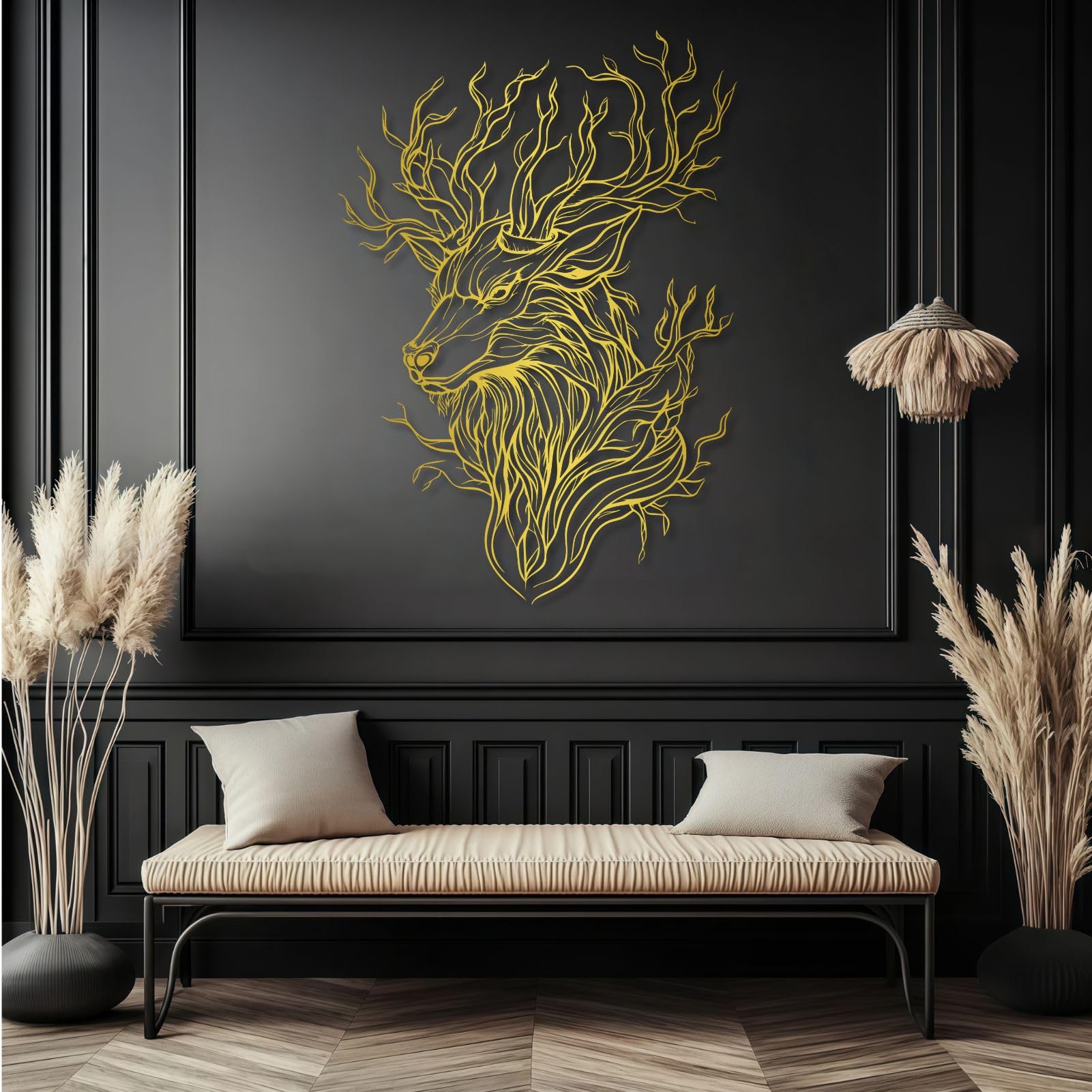 Décoration Murale en métal représentant Une tête de cerf, Style Abstrait, pour Salon, Chambre ou Chalet (Or, 100 x 69 cm)
