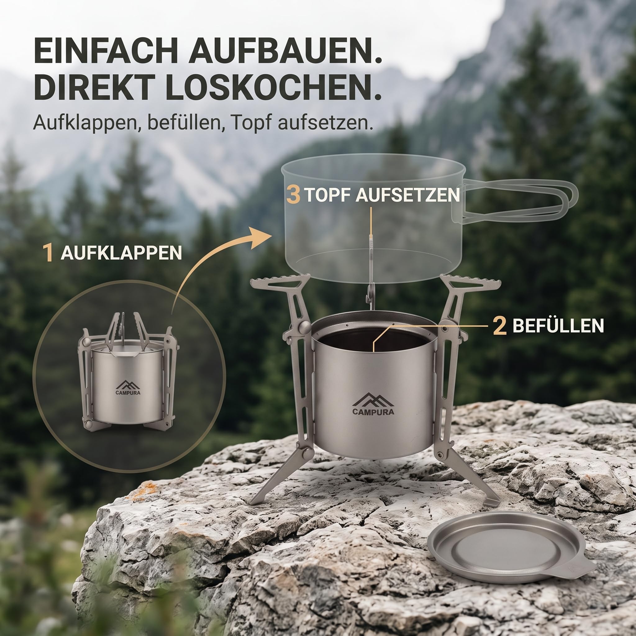 Stufa liquore in titanio da 80 ml con borsa per il trasporto, fornello da campeggio ultraleggero per alcolici, compatto per campeggio, trekking, attività all'aperto e bushcraft