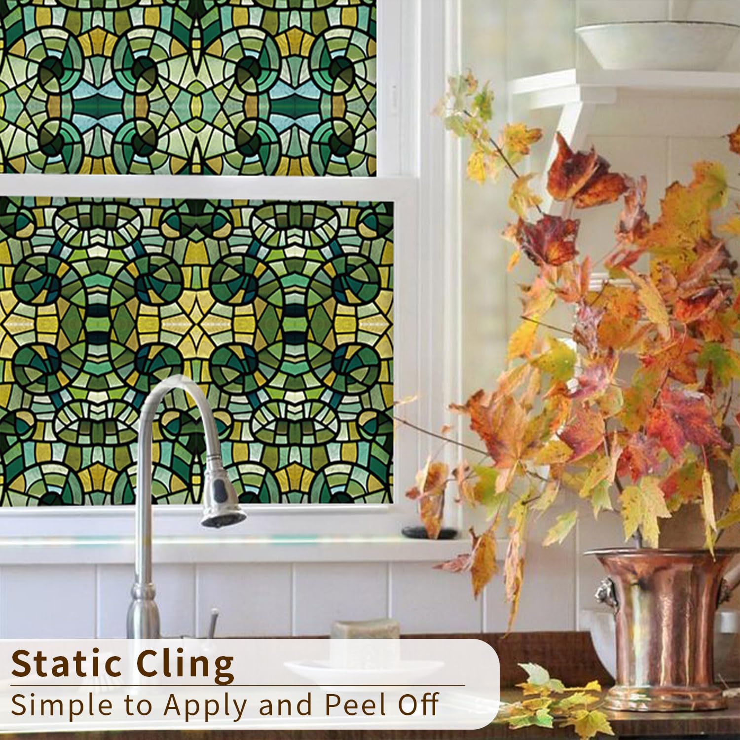 Funlife Film pour fenêtre en verre dépoli à effet vitrail - Adhésif statique à face unique pour salle de bain - Mosaïque en verre vert, 90 x 300 cm