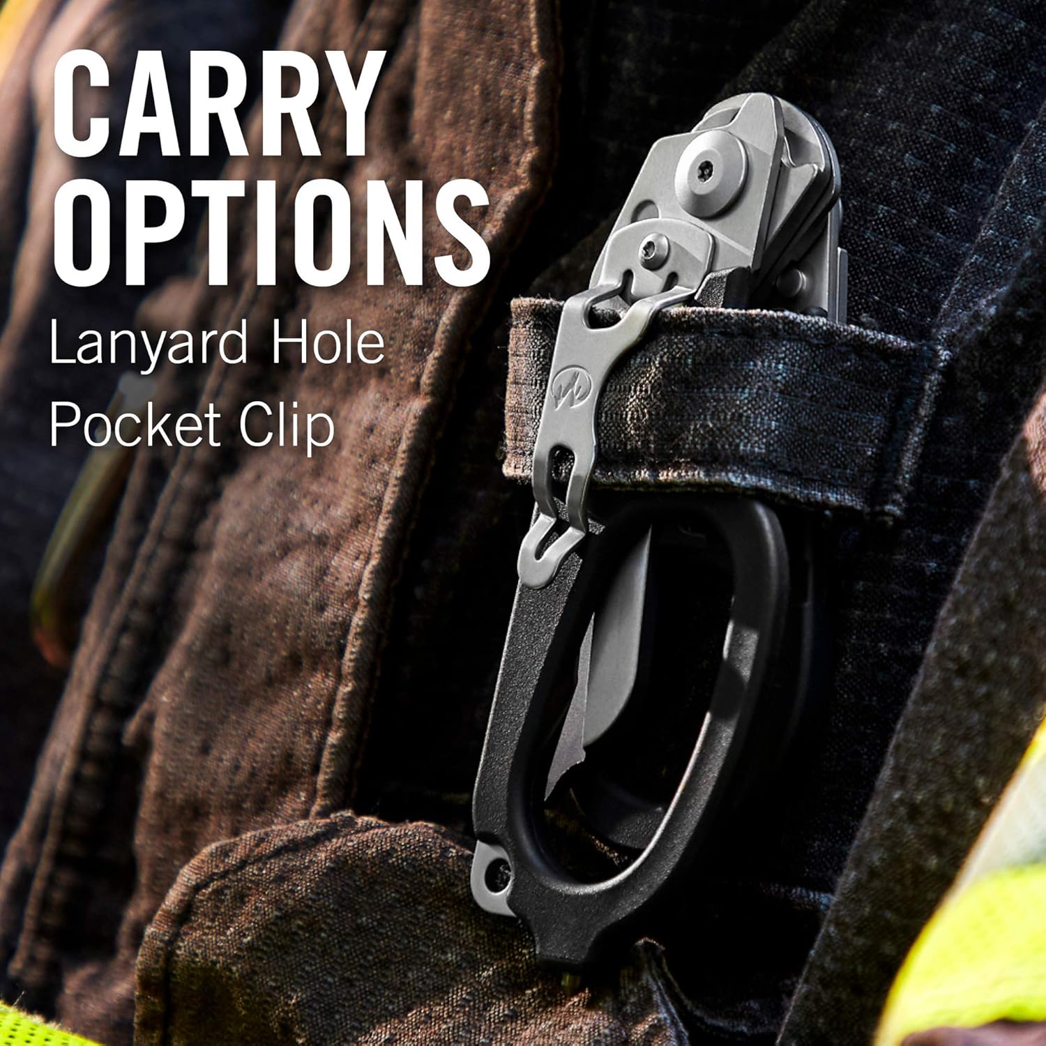 LEATHERMAN Raptor attached via lanyard hole and pocket clip