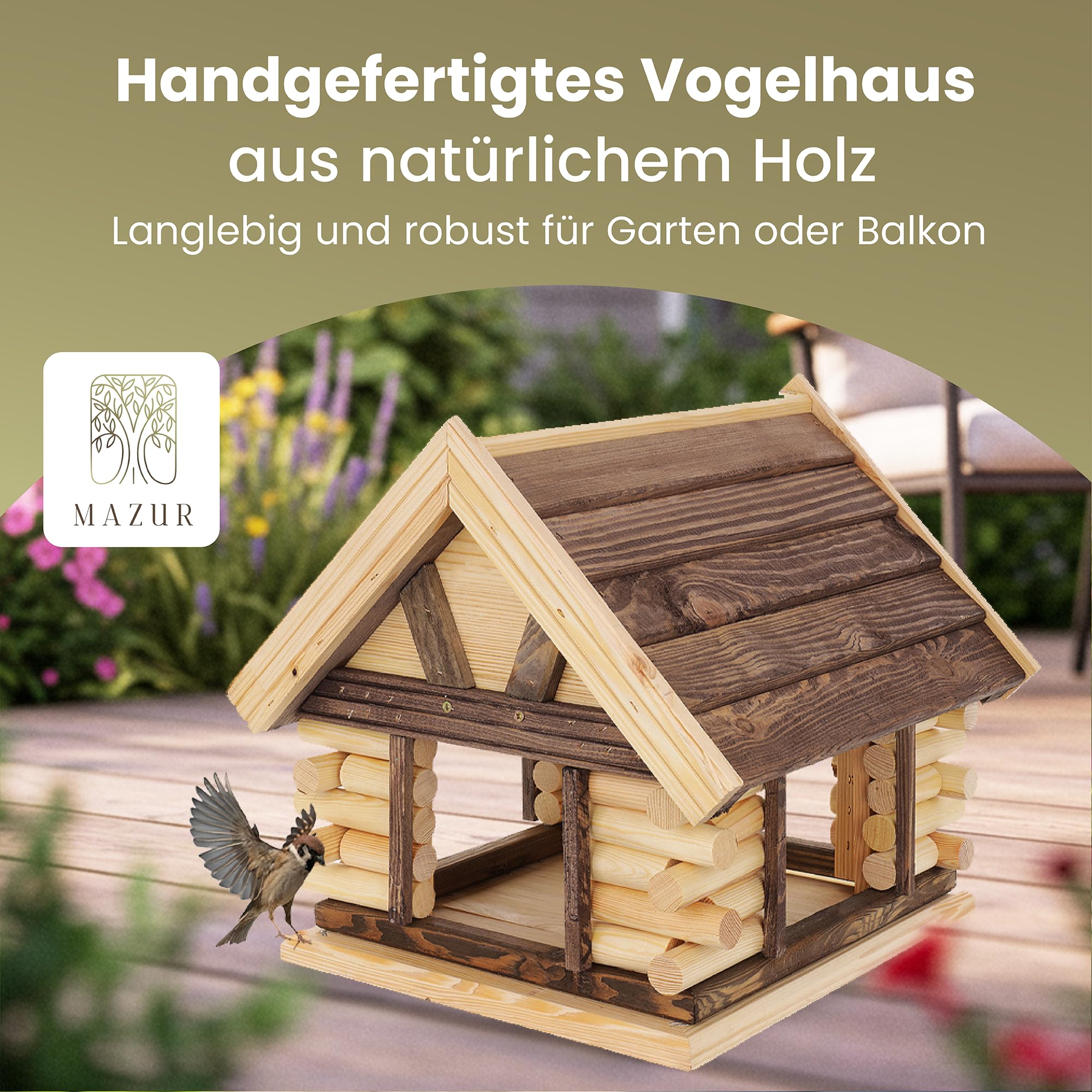 Mazur Vogelfutterhaus groß XXL 39,5x38x34,5cm I Vogelfutterspender aus Holz stehend I Futterstation für Vögel I Vogelfutterhaus zum bemalen für Kinder