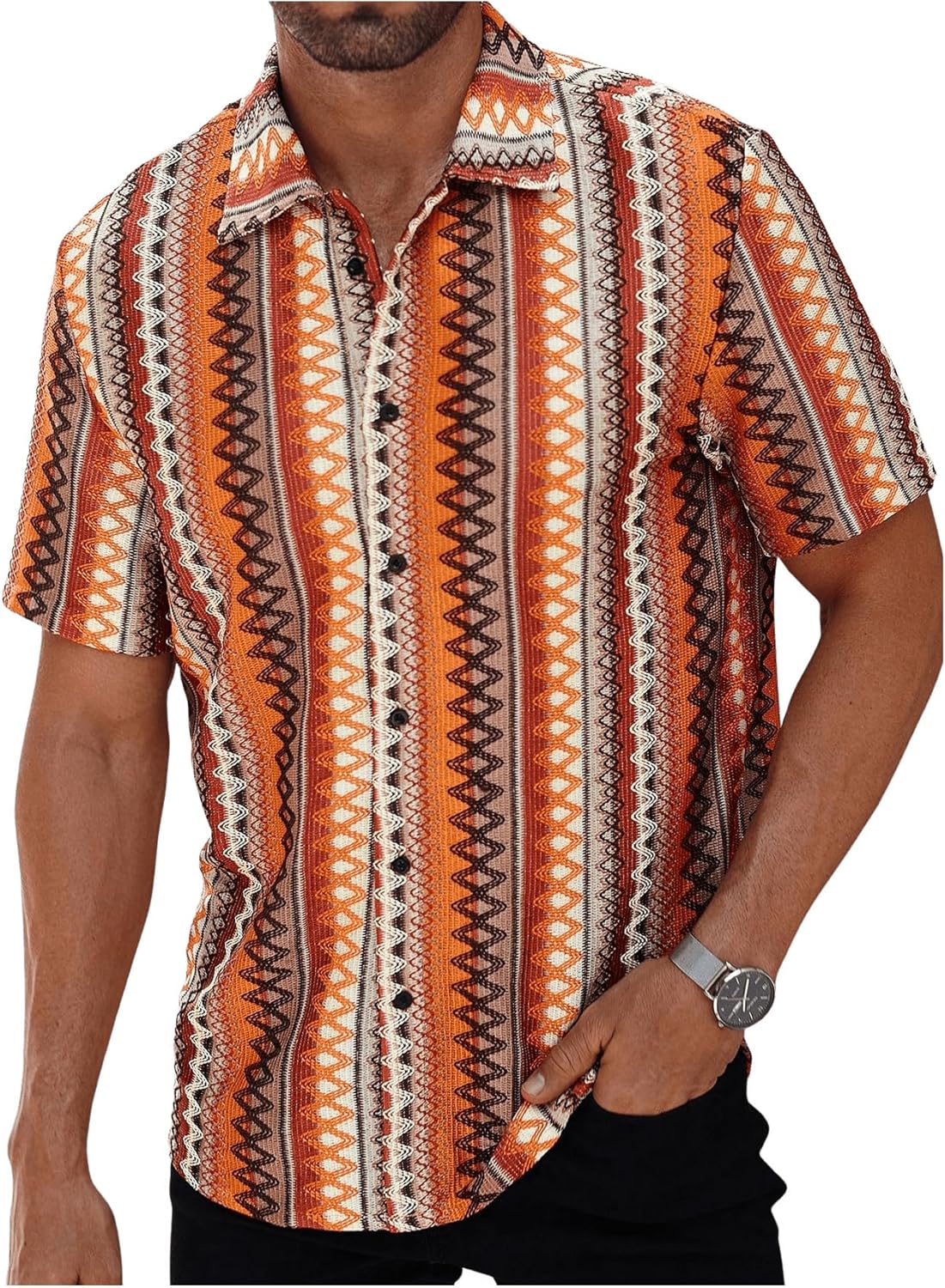 OYOANGLE Men's Textured Jacquard Button Down Shirts Tropical Beach Short Sleeve Boho Vacation Shirt