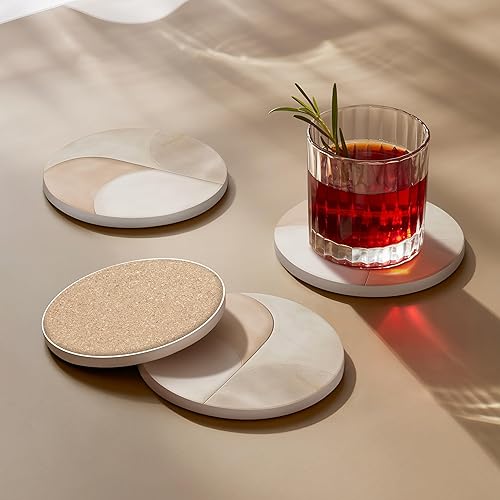 Miniatura 3 de VEYRO Juego de 4 posavasos para bebidas  Posavasos de cerámica absorbente con respaldo de corcho para mesa de café y escritorio, moderno juego de