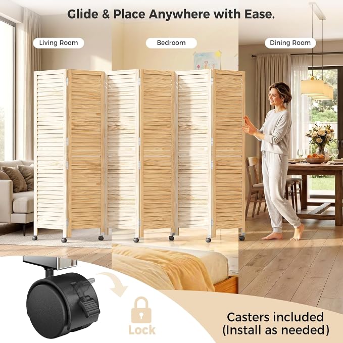 Amsleekey biombo de madera de 6 paneles de 67" de alto con ruedas bloqueables y diseño plegable miniatura 7