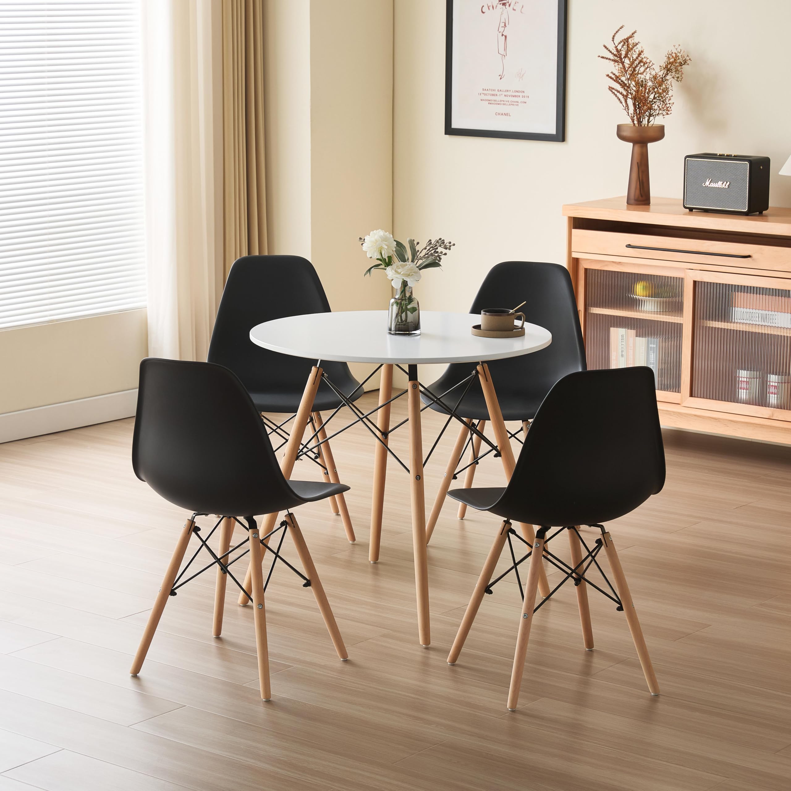 Comfy Living 5 Piece Dining Set, Round Table with White Top, 4 Chairs in Black, White or Grey With Metal Detail (With Black Chairs)
