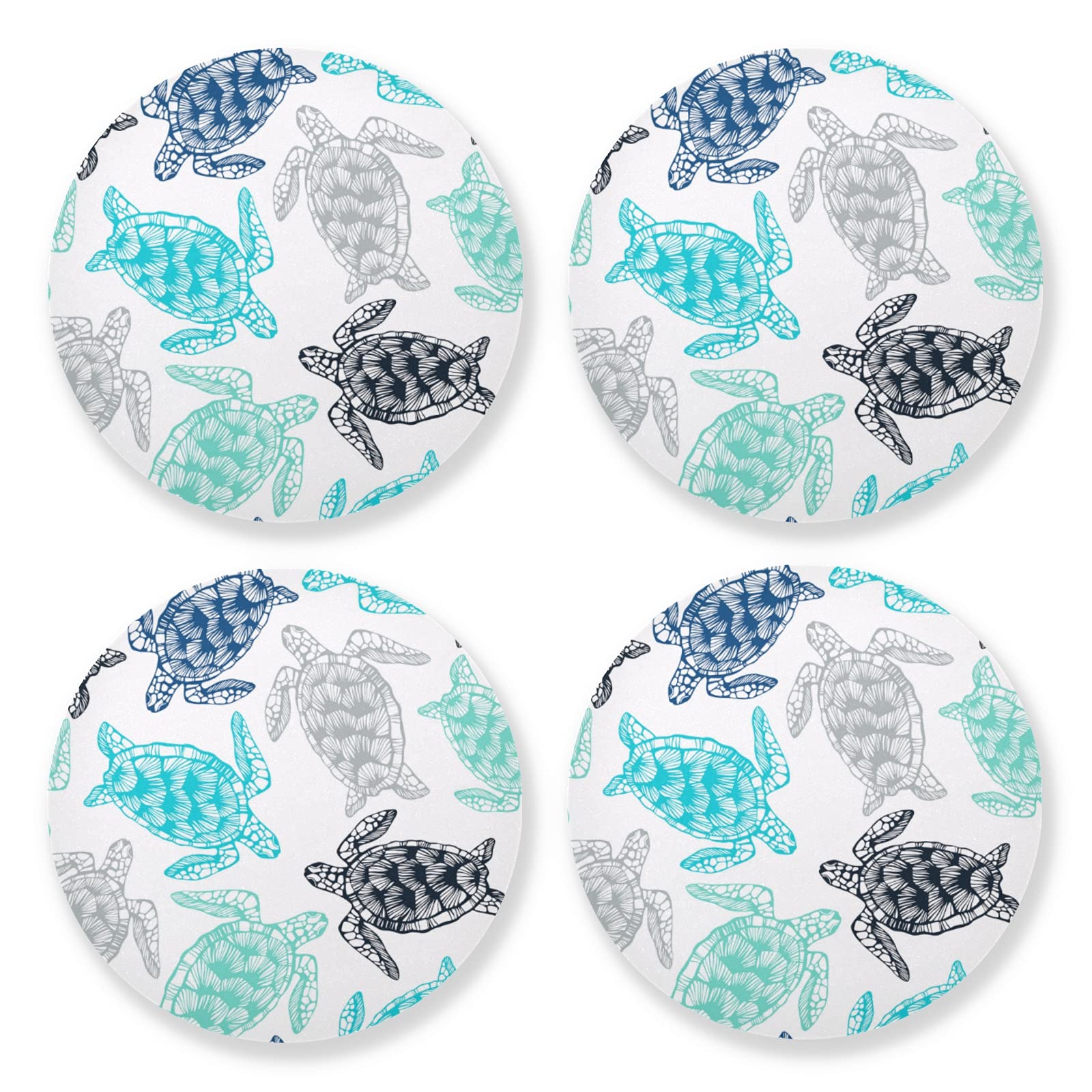 Seamless Drawing Sea Turtles Turquoise Blue Green Grey Black Style 4 Set Wood Mug Coaster, Cup Mat Pad for Kinds of Mugs, Oversize Stone Coasters Holder with Cork Base Housewarming Drinks Gifts
