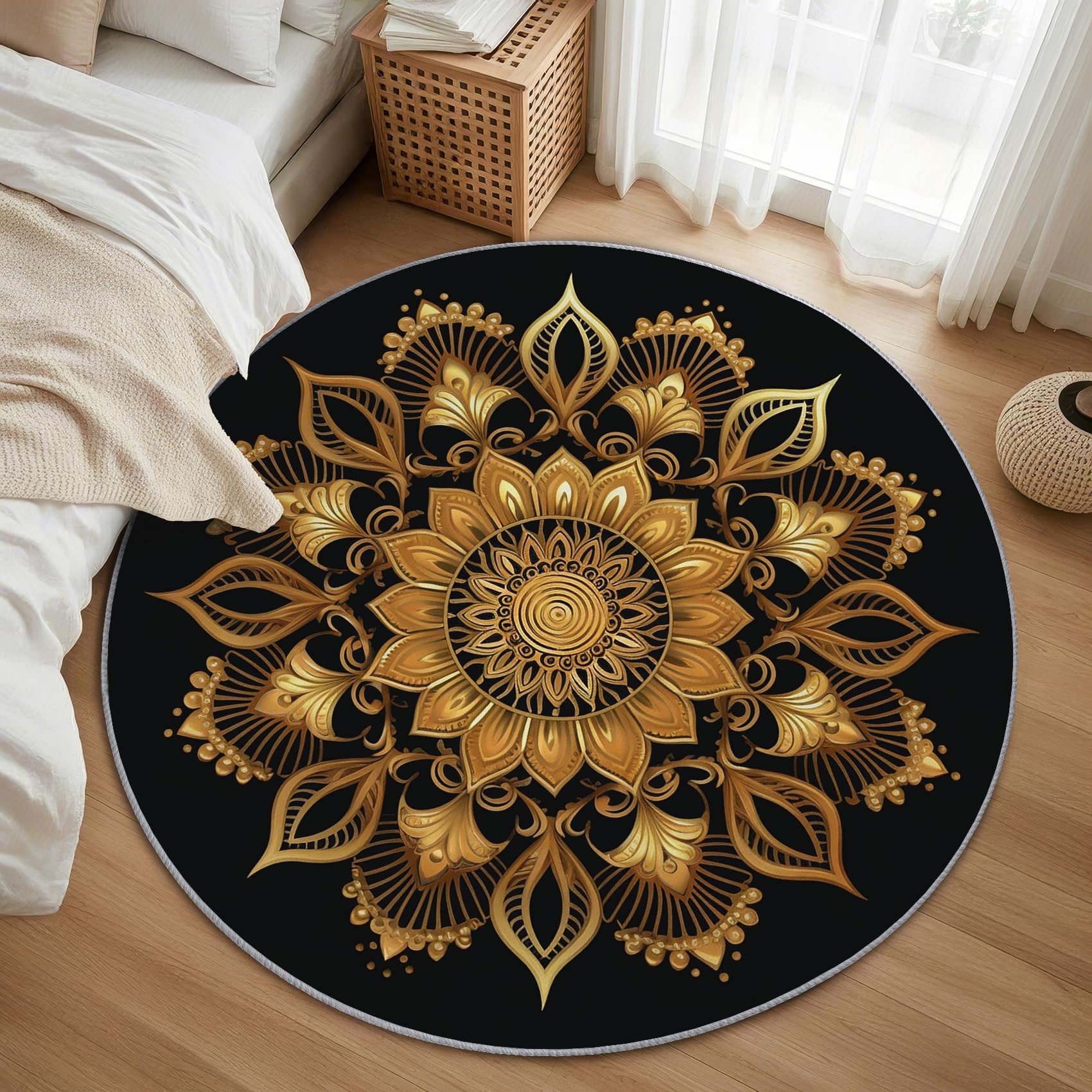 Mandala Teppich Rund 120cm Kurzflor - Waschbare Teppiche Wohnzimmer Schwarz Gold - Runder Teppich 120 Durchmesser Kinderzimmer - Bettvorleger Schlafzimmer rutschfest Weich