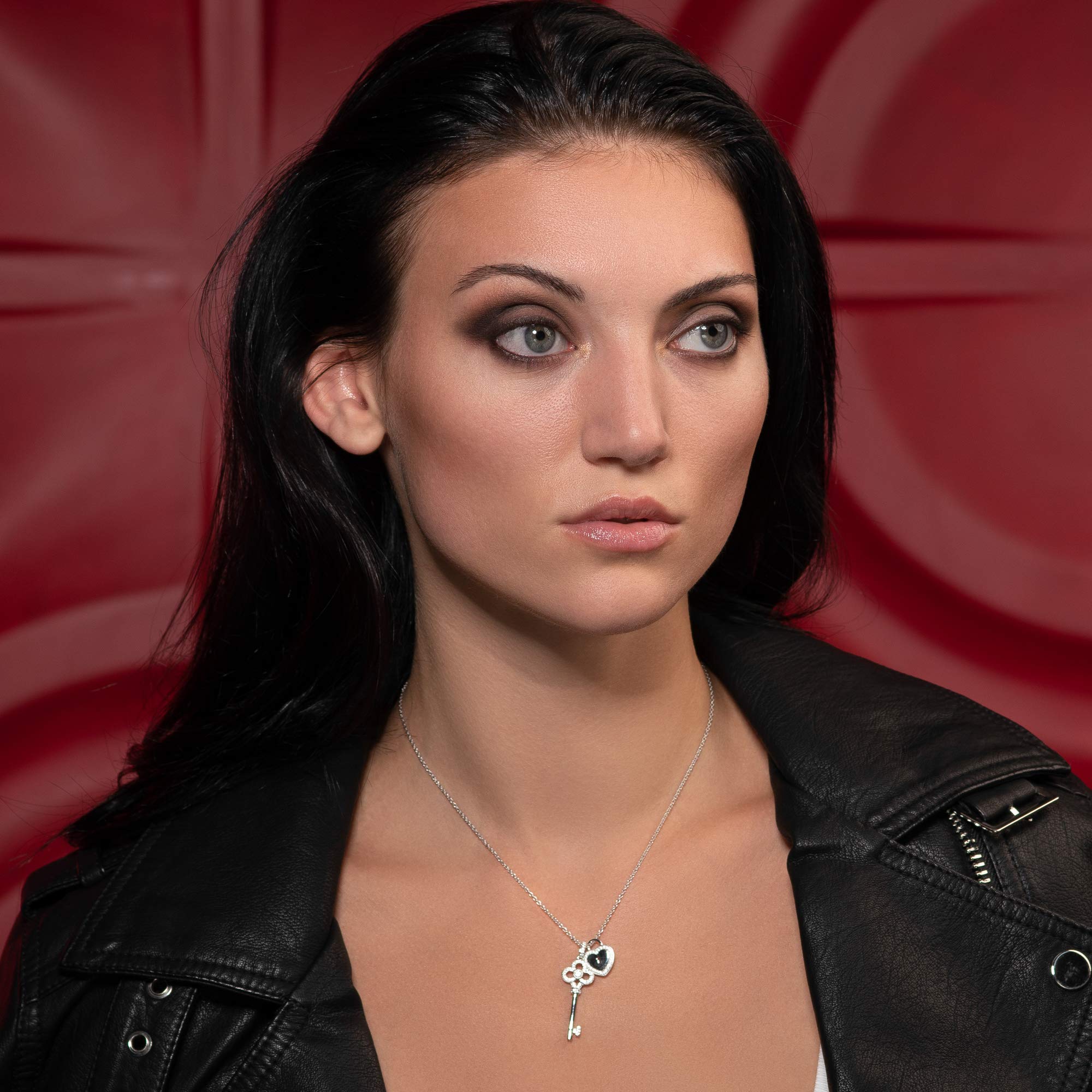 namana Collana Argento 925 con Ciondolo a Forma di Cuore e Chiave con Pietre Zirconi, Collana con Ciondoli Lucchetto a Forma di Cuore e Chiave, Collana Donna Argento 925 per Donna e Ragazza