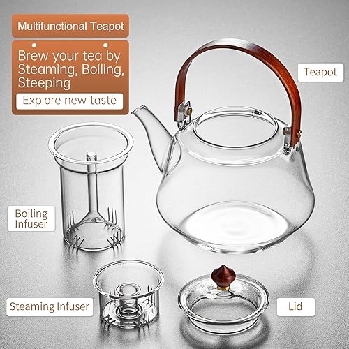 Miniatura 4 de 40oz Glass Teapot with Anti-Drip Spout, Peach Wood Handle and Lid, Heat-Resistant Borosilicate Glass, Dual Infusers for Steaming and Boiling