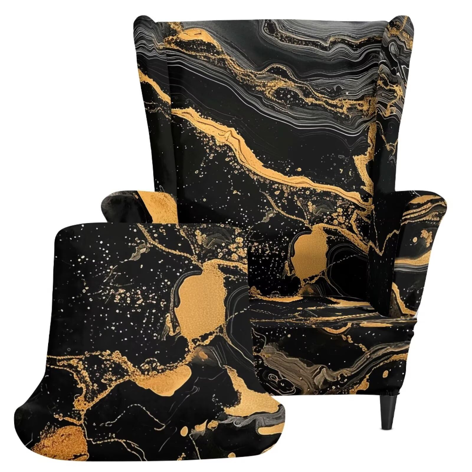 Xoenoiee Fundas elásticas para sillas con respaldo de alas con estampado de mármol negro, 2 piezas, funda lavable para sillones, protector de muebles antideslizante para sala de estar