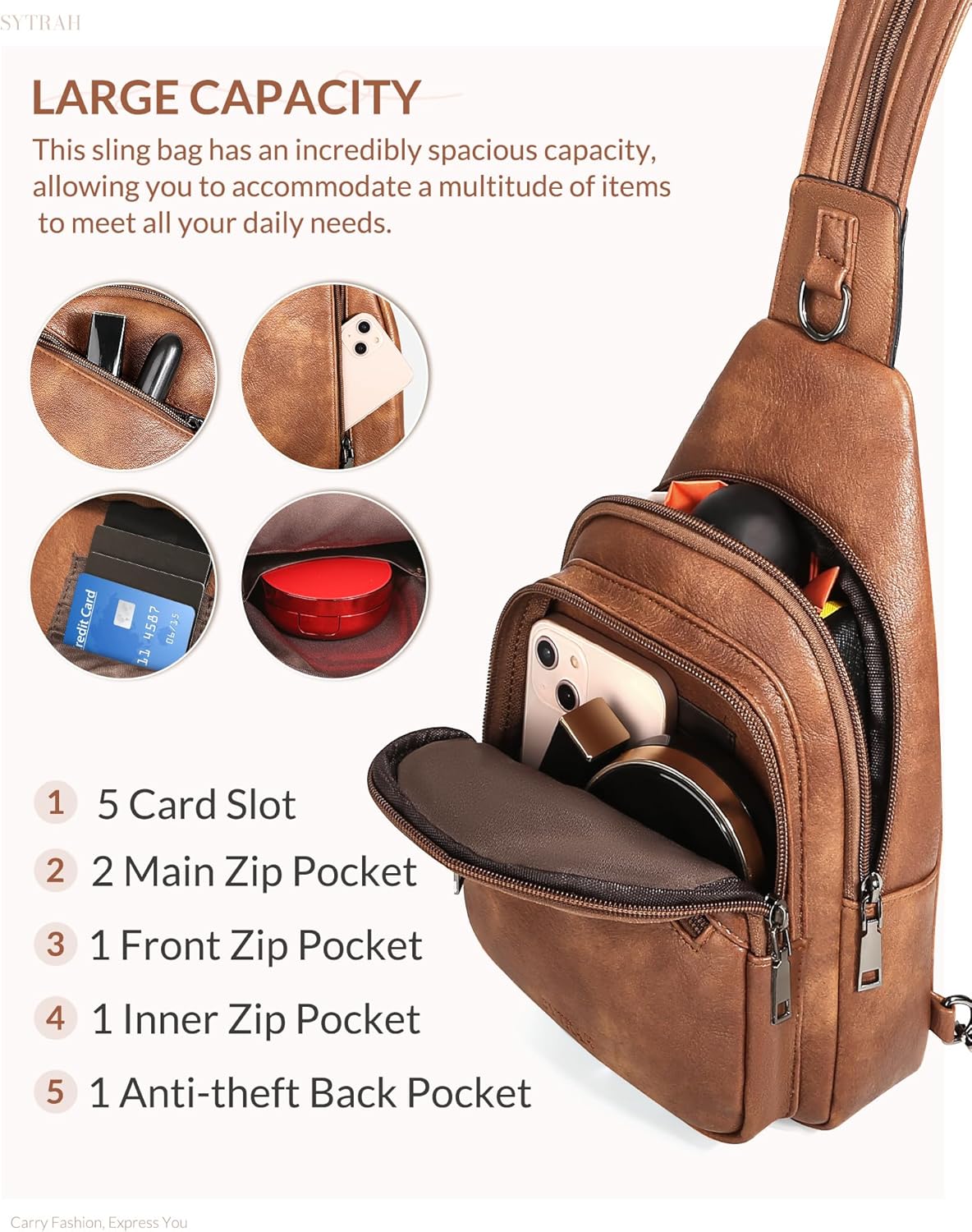 Sling Bag for Women, Crossbody Bags for Women Trendy Crossbody purse Vegan Leather Sling Backpack Chest Bag with Dual Purpose Strap, Mocha Brown - Image 4