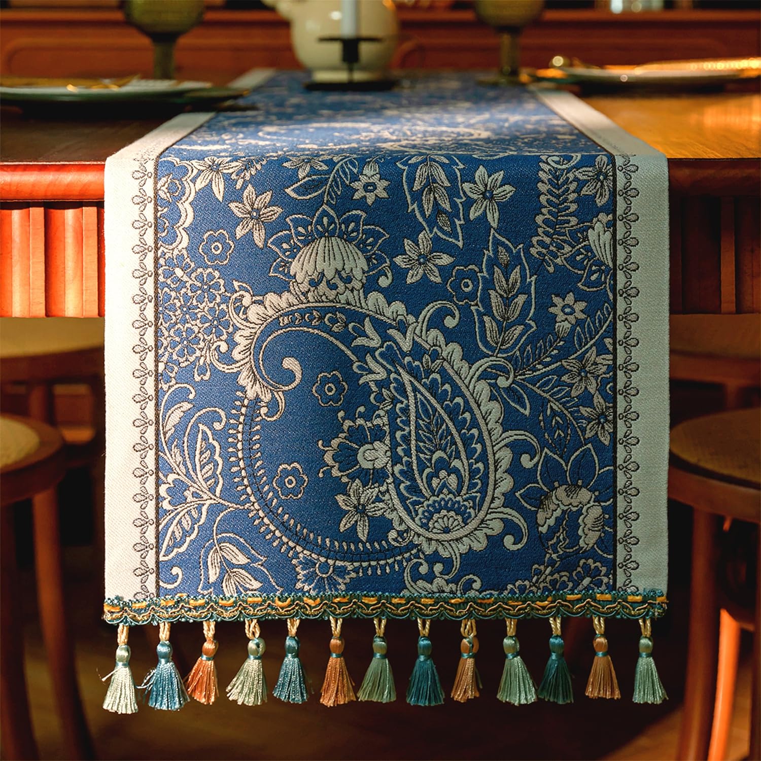 13 72 Inch Table Runner Retro-Luxury Tassels Series for Kitchen Dining Table Holiday Decoration Blue Pheonix