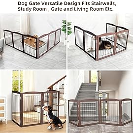 ZJSF Freestanding Foldable Dog Gate for House Extra Wide Wooden Brown Puppy Gate Stairs Dog Gates Doorways Tall Pet Gate 32 Height 6 Panels Pet Fence