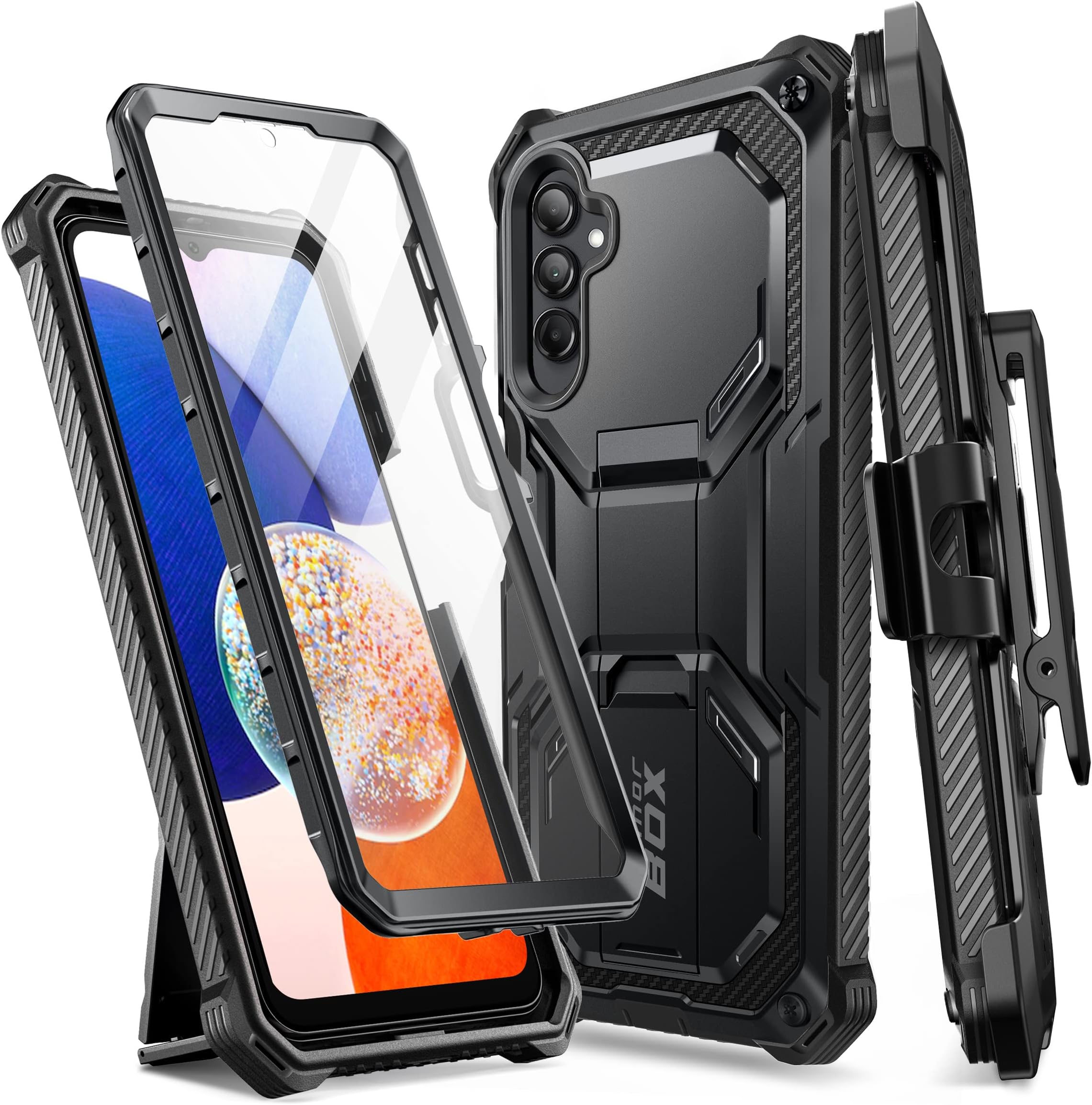 i-Blason Armorbox fo Samsung Galaxy A14 5G Case, Full-Body Rugged Kickstand Holster Protective Bumper Case with Built-in Screen Protector Black