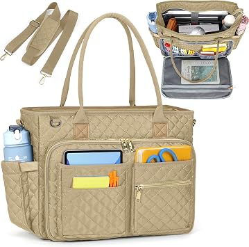 RAINSMORE Teacher Tote Bag 15.6 inch Laptop Bag for Women Work Bags Laptop Tote Nurse Bag Professional Computer Messenger with Insulated Pocket, Laptop Briefcase for Office, College, Nursing, Khkai