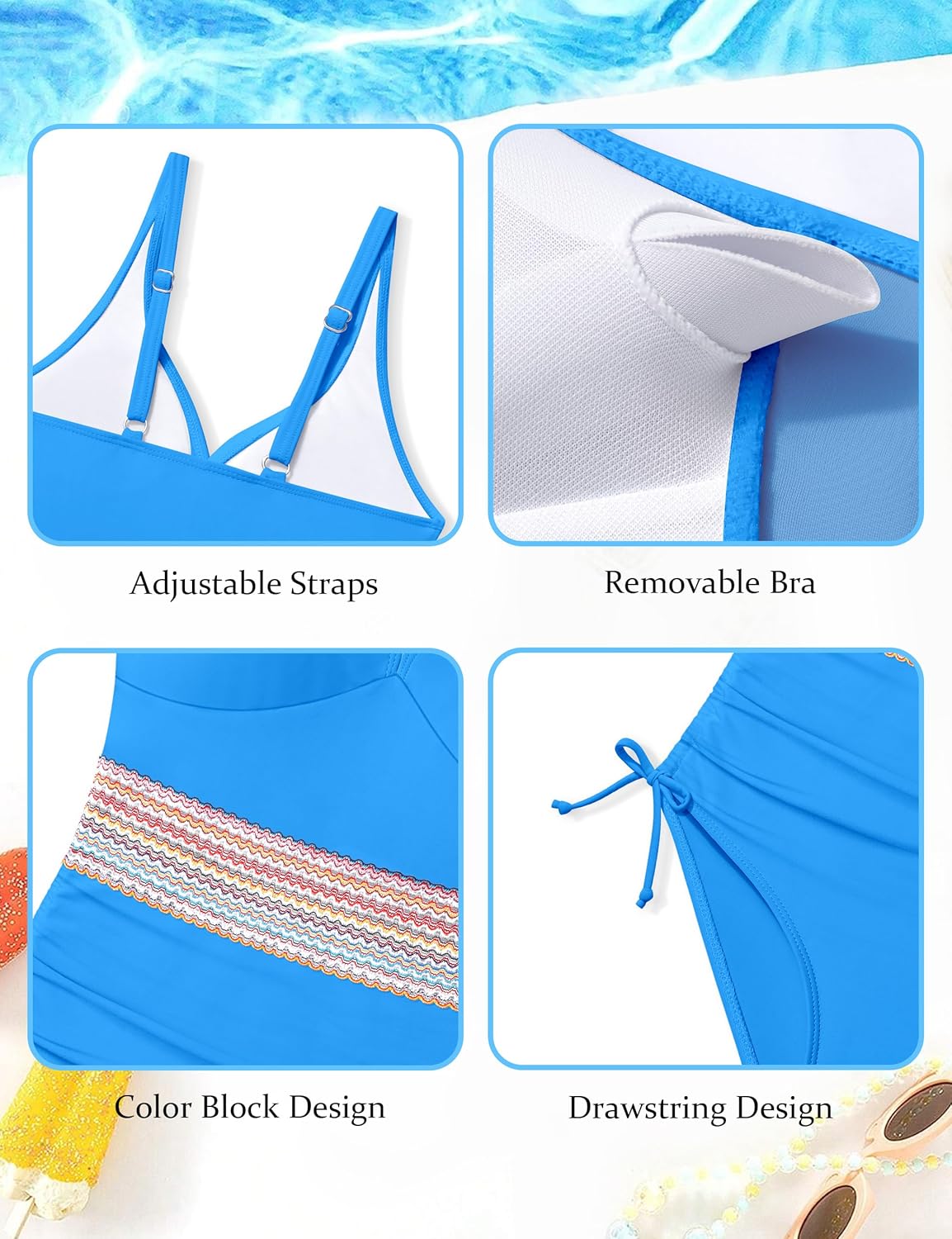 Girls One Piece Swimsuits Color Block Girls Swimsuit V Neck Girls Bathing Suit Drawstring Girls' Swimwear 9-16 Years - Image 4