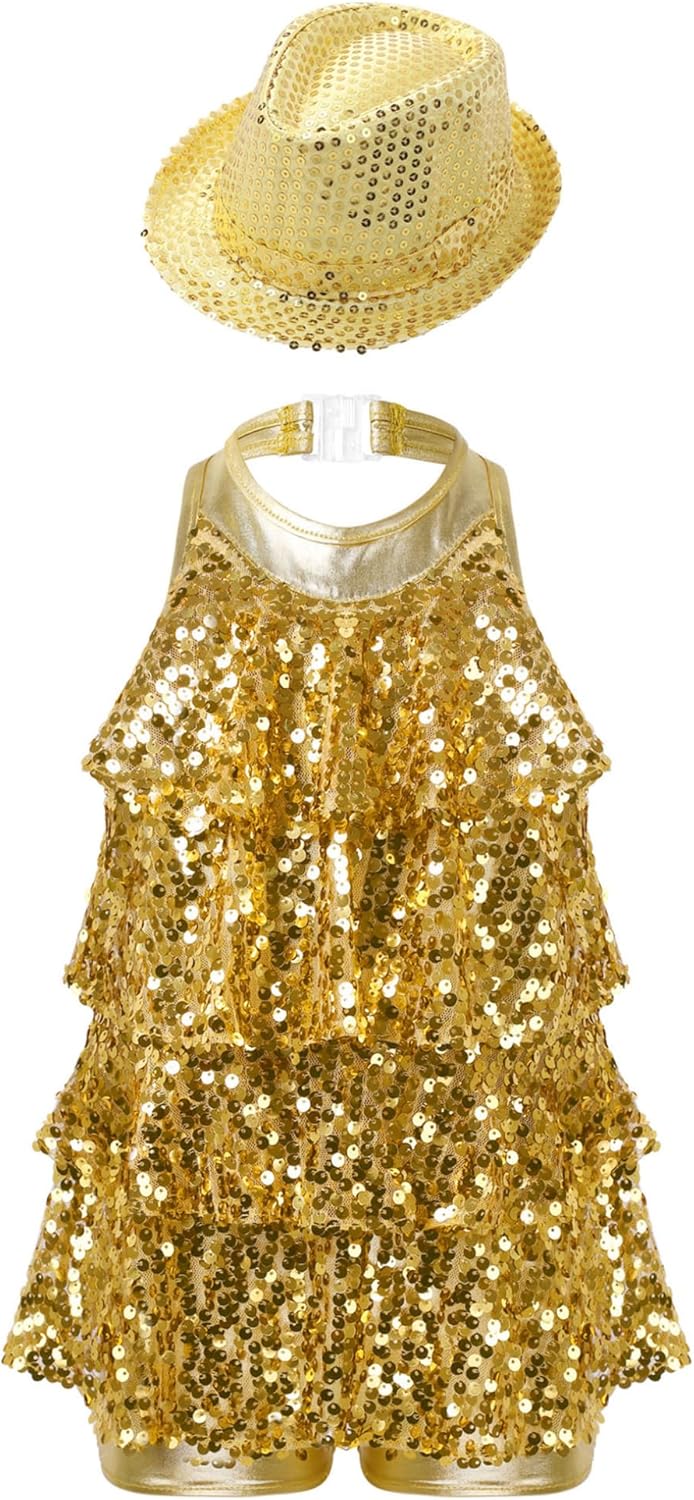ACSUSS Sleeveless Jazz Dance Dress for Kids Girls Sequin Tap Latin Ballroom Dance Dress Performance Costume and Hat