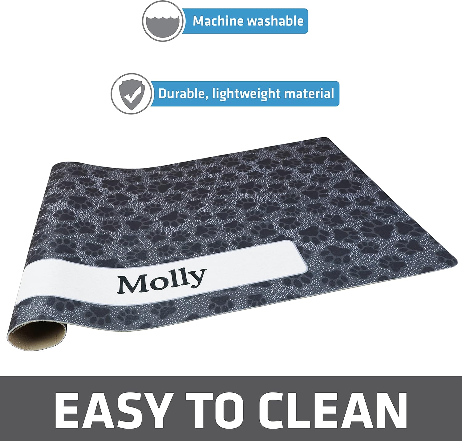 Drymate Personalized Pet Bowl Placemat, Custom Dog & Cat Food Feeding Mat - Absorbent Fabric, Waterproof Backing - Machine Washable/Durable (USA Made) (16" x 28") (Paw Dots Black)