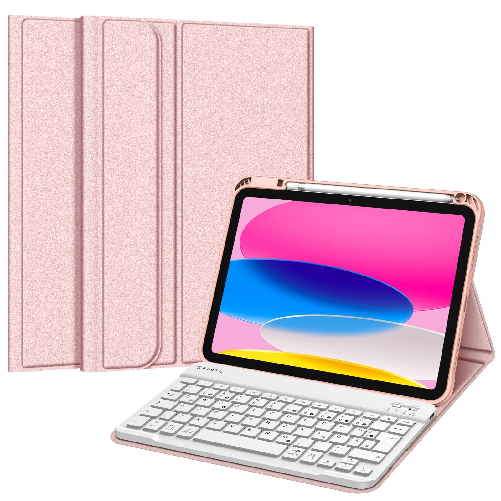 FINTIE Hülle mit Tastatur für iPad (A16) 11/10 Generation (2025/2022, 11/10.9 Zoll), Schutzhülle mit Stifthalter, Soft TPU Rückschale und magnetisch Abnehmbarer Keyboard, QWERTZ Layout, Roségold
