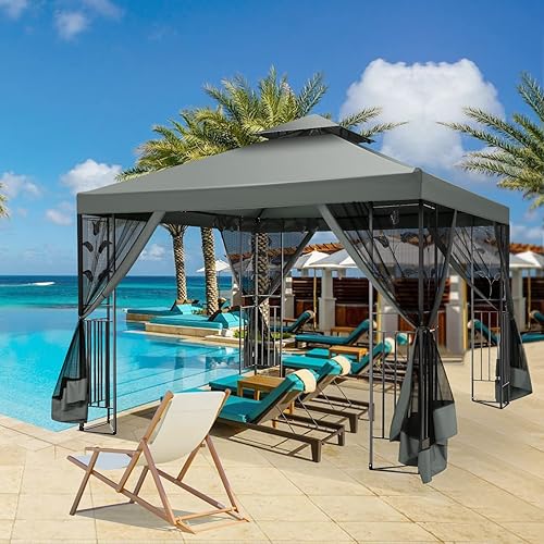Miniatura 7 de HOTEEL Gazebo de 10 x 10 pies en liquidación, kiosco para exteriores con mosquitera y techo doble, cenador de metal con marco floral de hierro,