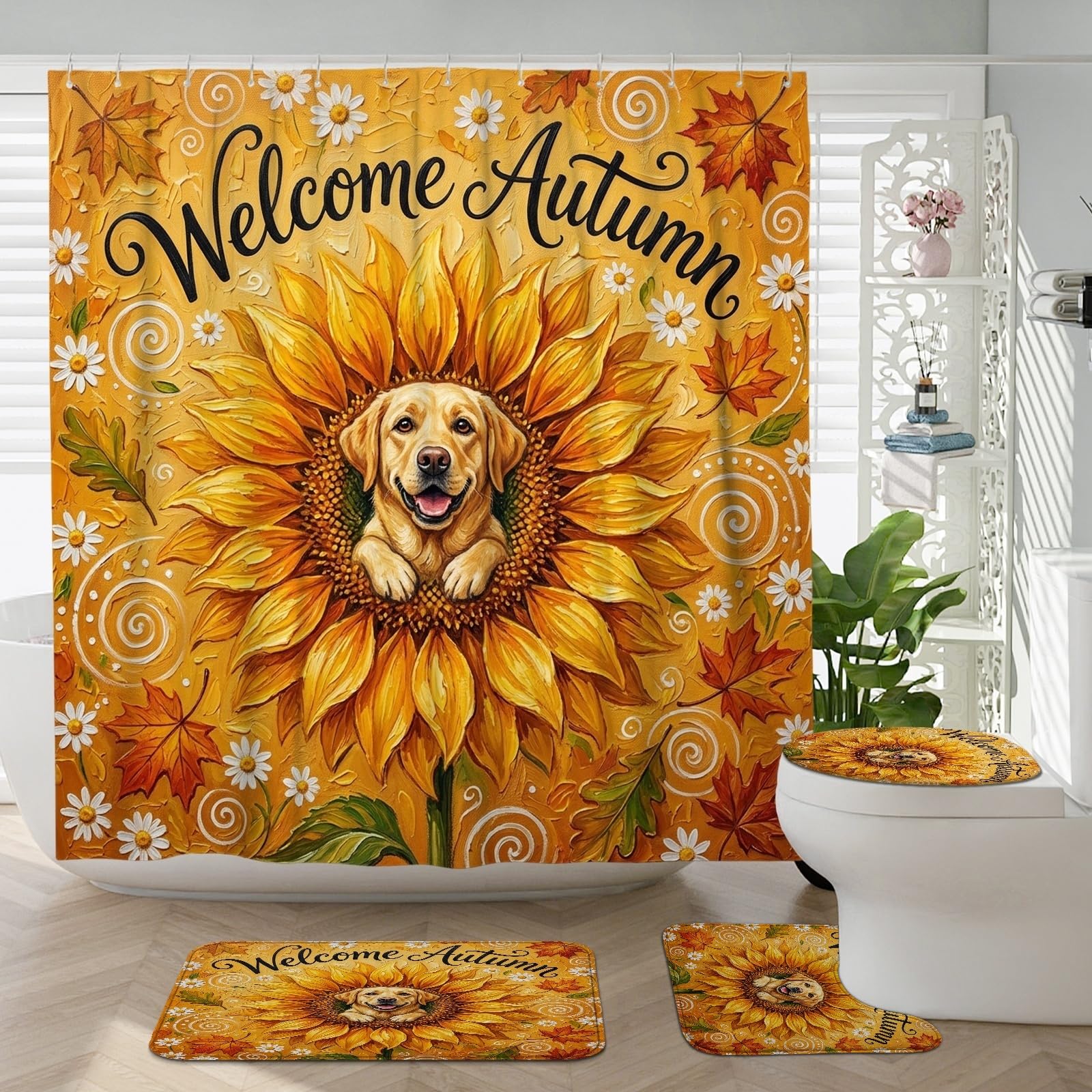 Rideau de douche labrador de qualité supérieure 183 cm avec tapis de bain automnal dense