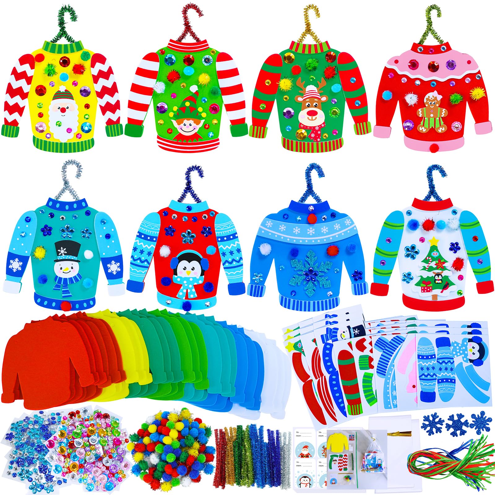 Winlyn 24 juegos de manualidades de Navidad, manualidades de invierno, adornos de suéter feo, decoraciones festivas, calcomanías de espuma para niños, vacaciones, hogar, aula, actividades artísticas,