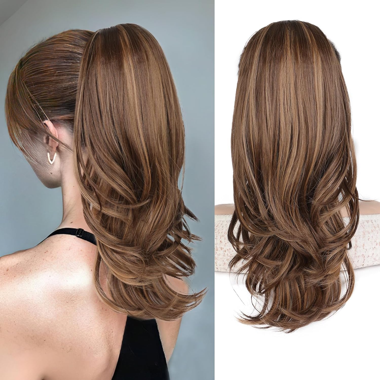 Miss Lirenn® Ponytail Extension Claw Clip Ponytail Extension for Women 16 to 18 inch Curly Wave Claw Clip Ponytail Hairpiece, Brown With Golden Highlights Color-27HA