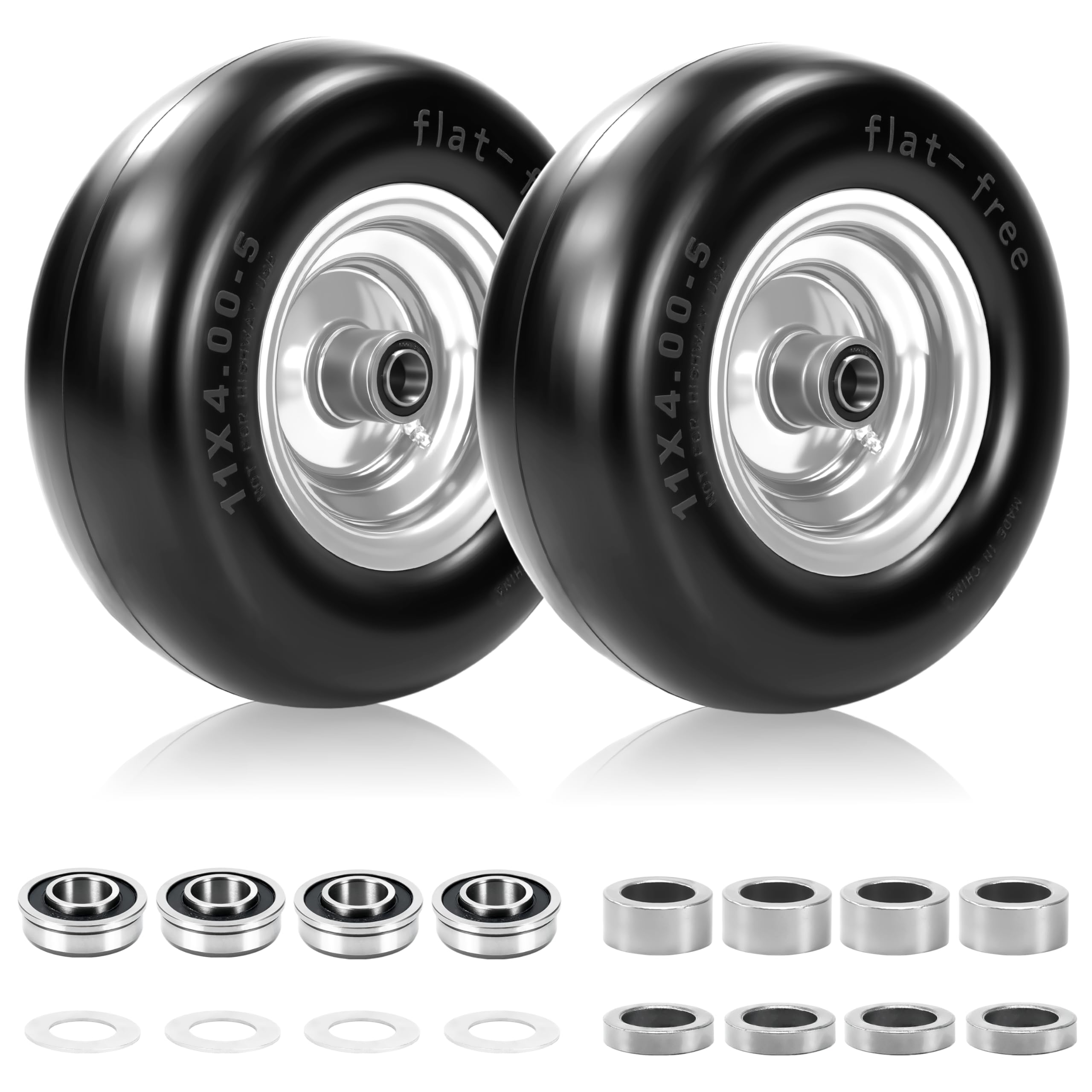 View 1 of 2 Pcs 11x4.00-5" Flat Free Lawn Mower Tire and Wheel, Universal 11x4-5 Solid Smooth Replacement Tires for Zero Turn Lawn Mowers, with 3/4" & 5/8" Bearings, 3.4"-4.8" Centered Hub, 350lbs, Gray Rim