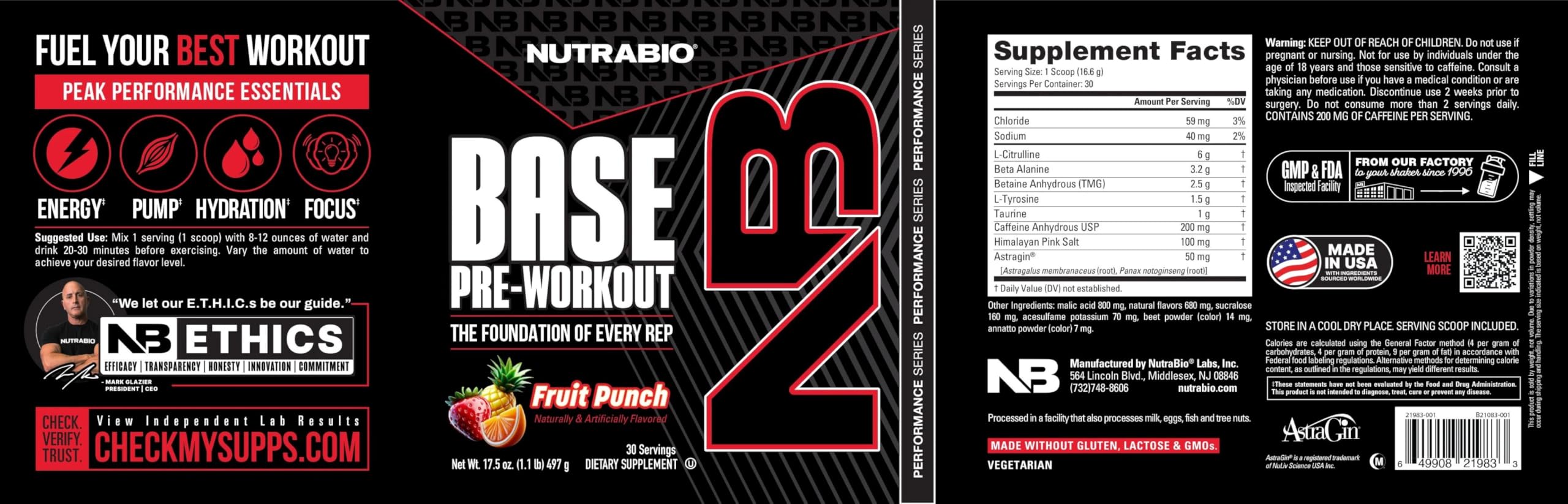 NutraBio Base Pre-Workout Powder 200mg Caffiene, Sustained Energy, Focus, Endurance, Pump, Sugar Free, Clean Preworkout for Men and Women - Beta Alanine, L-Tyrosine, 30 Servings - Fruit Punch — Amazon image 8