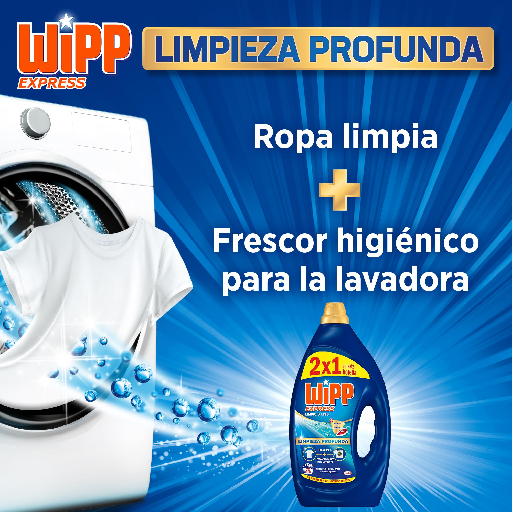 Wipp Express Limpieza Profunda Gel Limpio & Liso (3 x 3150 ml), detergente lavadora líquido que reduce las arrugas, detergente con fórmula quitamanchas ropa apto para agua fría