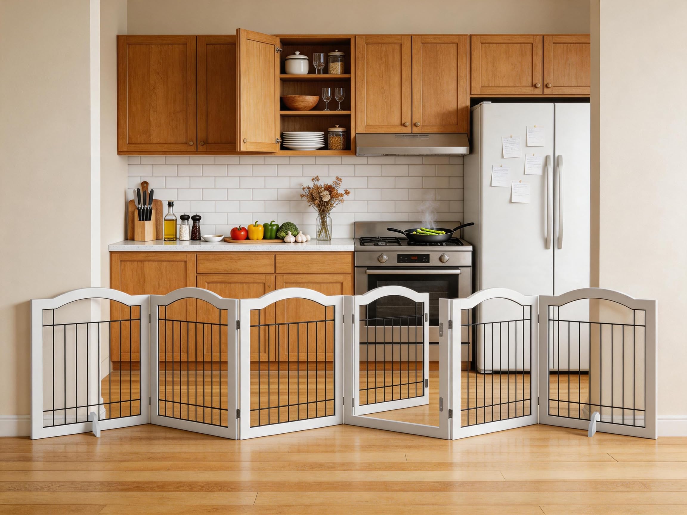 Vantas Folding No-Assembly Dog Door Pet Gate 144" Wide, 30" Tall Wooden Dog Gate with Door Walk Through, Freestanding Wire Pet Gate, Pet Puppy Safety Fence, with 2PCS Support – White