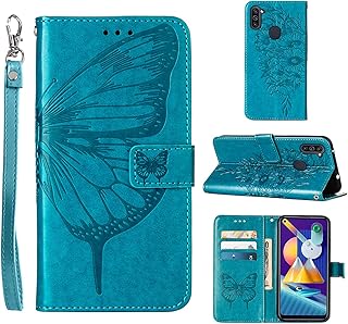 A11 Phone Case Wallet,for Samsung A11 Case,[Kickstand][Wrist Strap][Card Holder Slots] Butterfly Floral Embossed PU Leather Flip Protective Cover for Galaxy A11 Case (Blue)