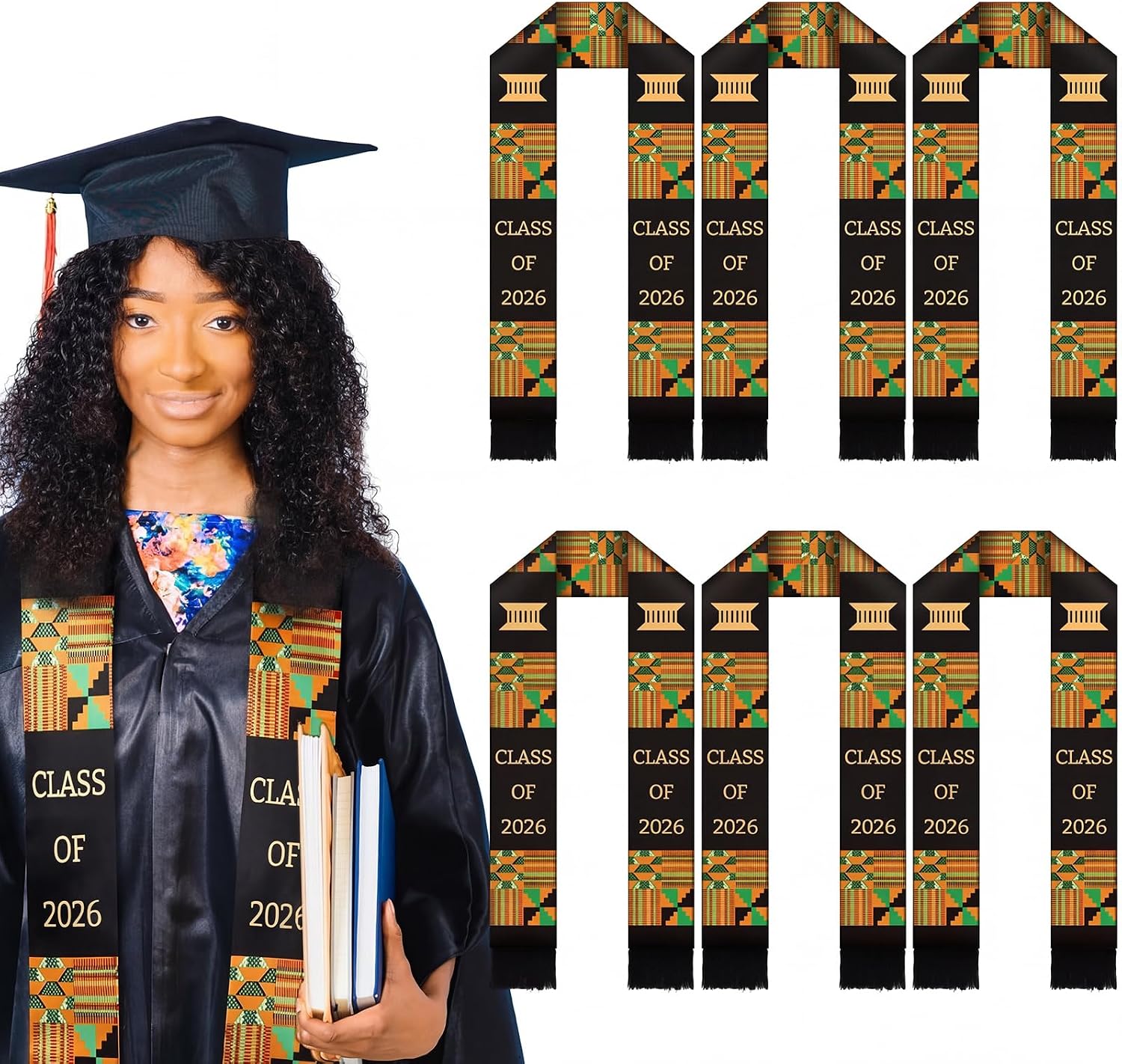 Shyyween 6 Pcs Class of 2026 Kente Graduation Stole Sash African American Stole Sash for International Kente Student Black Girl Grad Party Events
