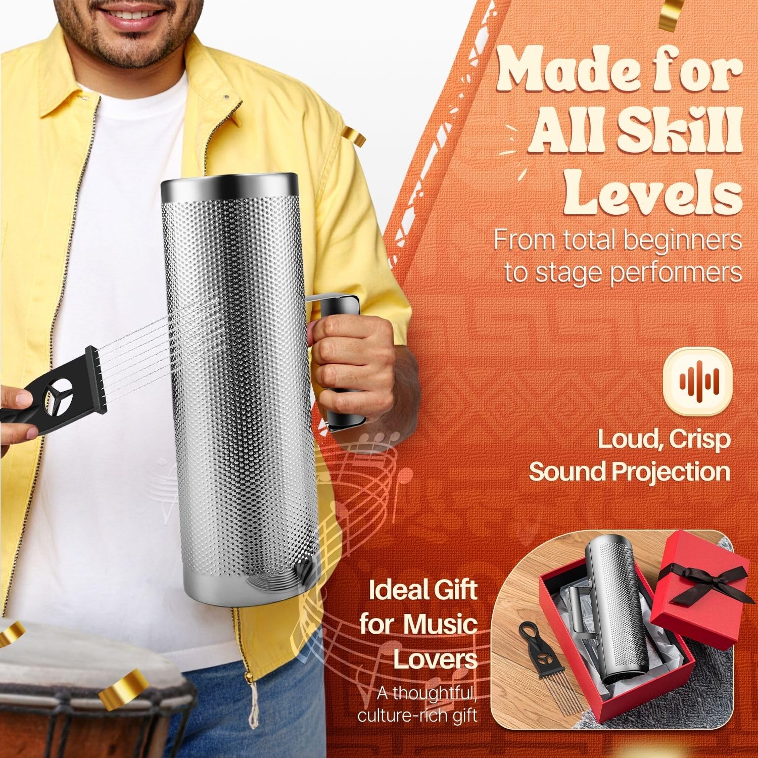 Flexzion Guiro in metallo con raschietto Shack 10,2 x 30,5 cm, cilindro rotondo in acciaio inox, strumento a percussione latina con manico, strumento musicale per jazz, concerti, spettacoli dal vivo