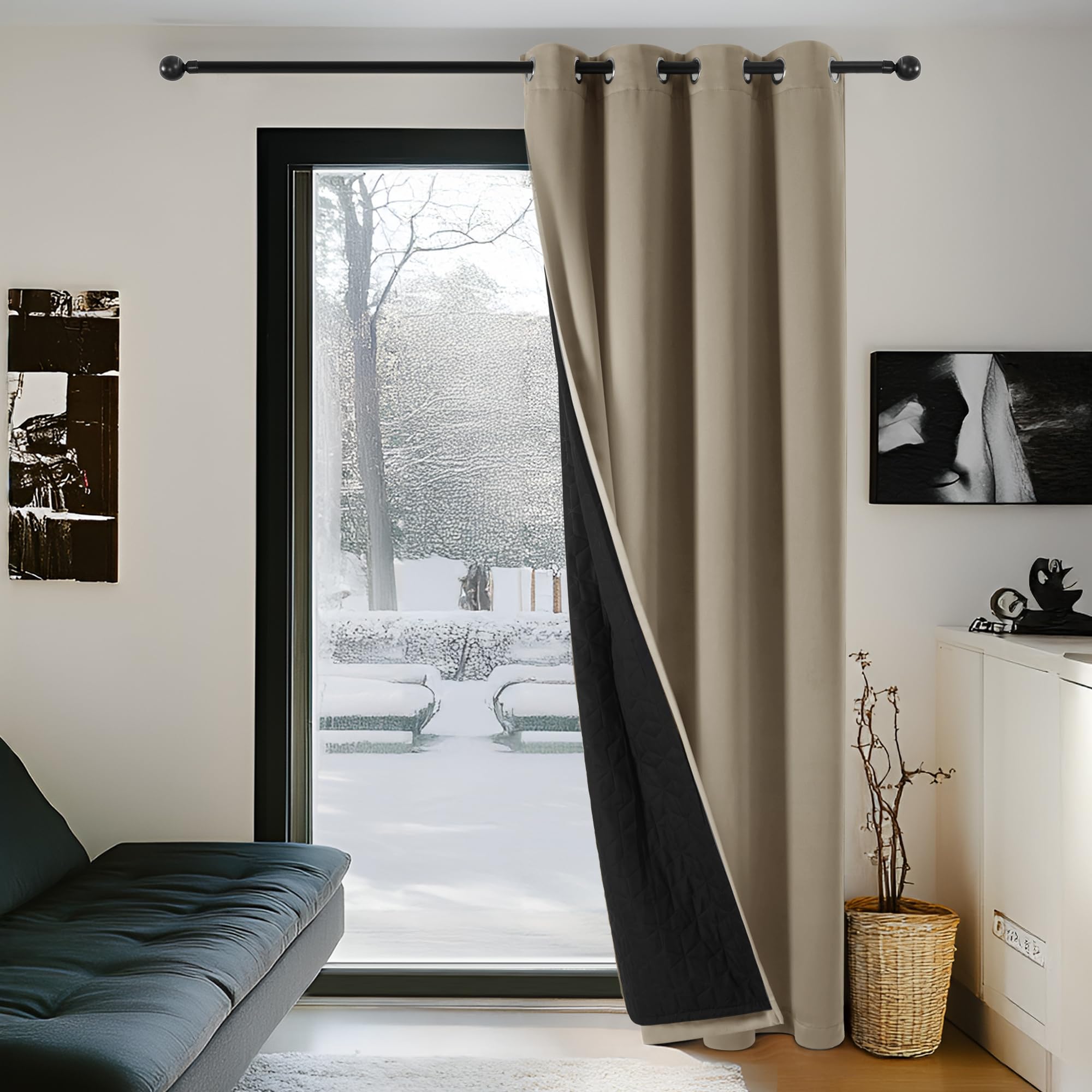 Deconovo Blackout Curtain for Door with Thick Microfiber Quilted Lining, Energy Saving Thermal Insulated Curtain, 2 Layers Windproof Eyelet Curtain for Bedroom, 52 x 90 Inch, Taupe, 1 Panel — image 1