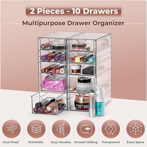 Miniatura 5 de Sorbus Organizador de maquillaje con 10 cajones, organizador de cajones de acrílico para maquillaje, organización y almacenamiento de oficina,